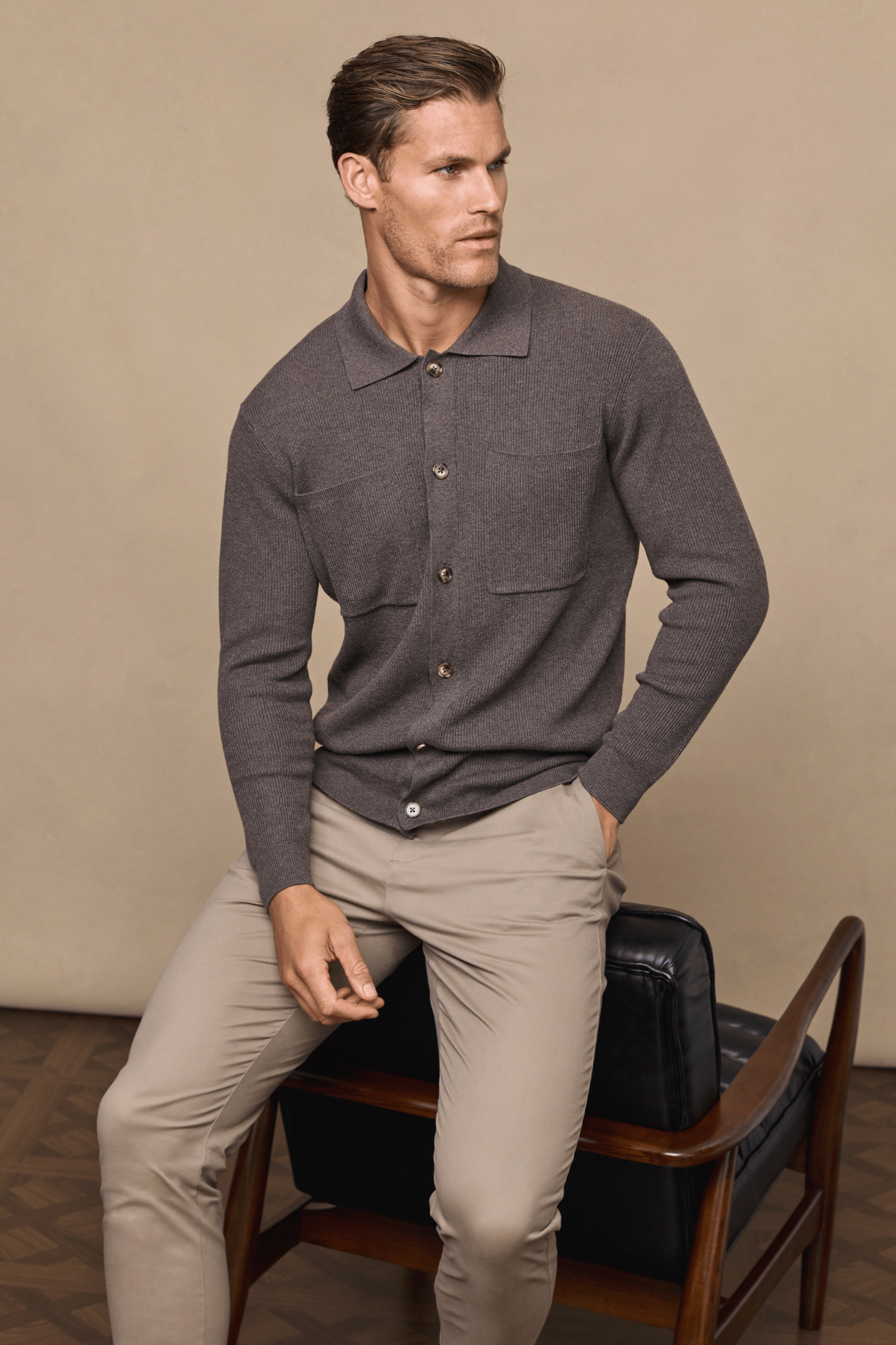 Elias Rib Top Pocket Cardigan - Light Brown Marl