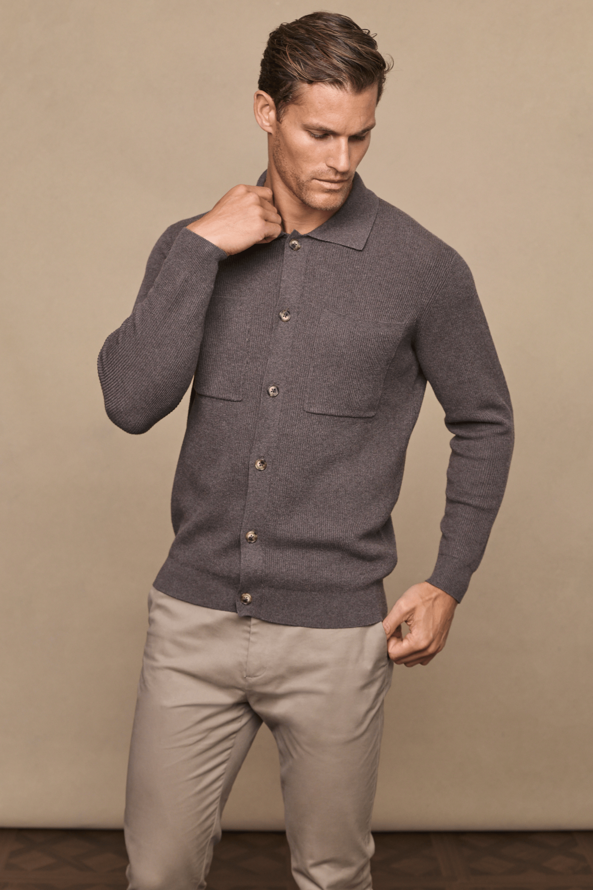 Elias Rib Top Pocket Cardigan - Light Brown Marl