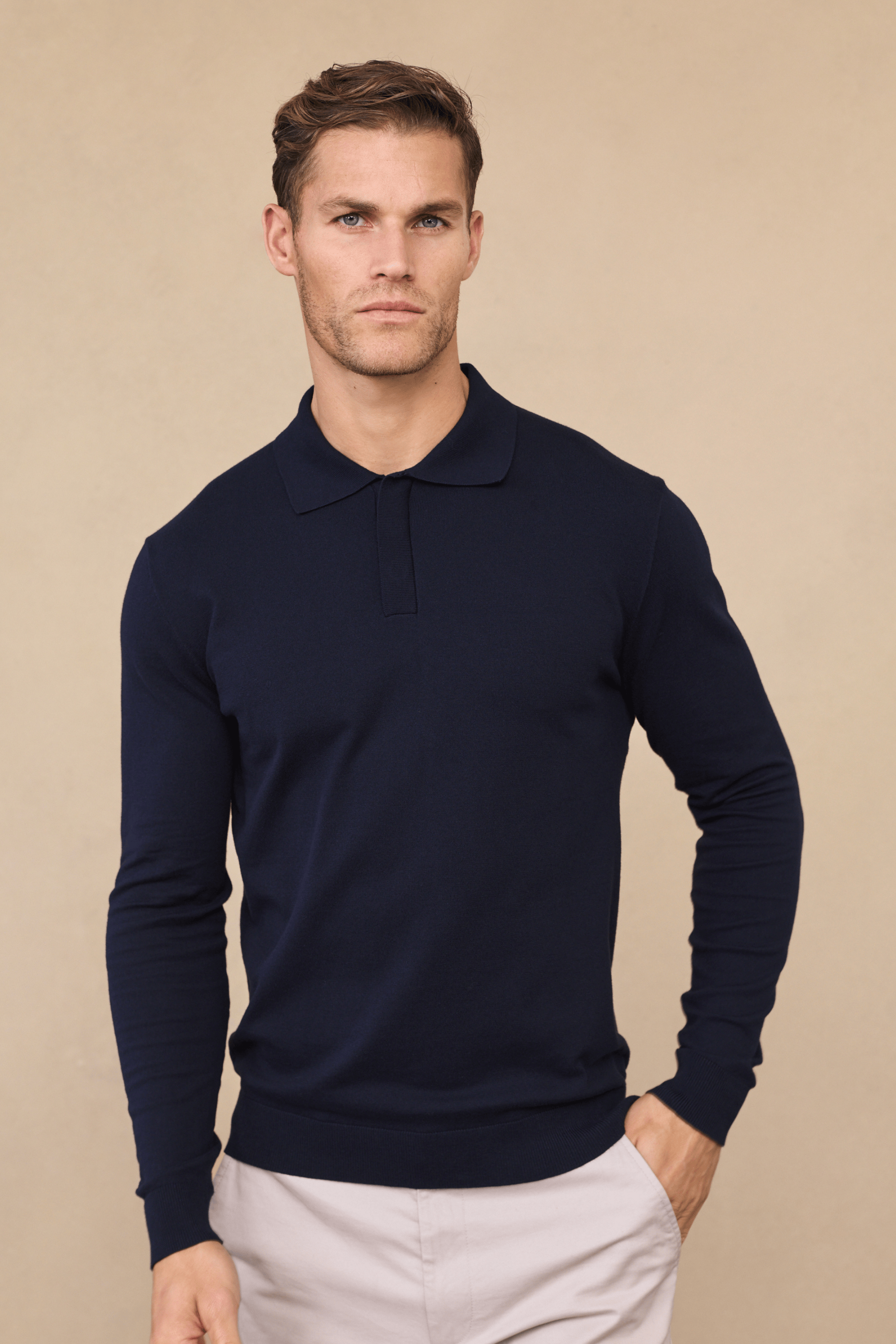 Andre Long Sleeve Button Polo - Navy