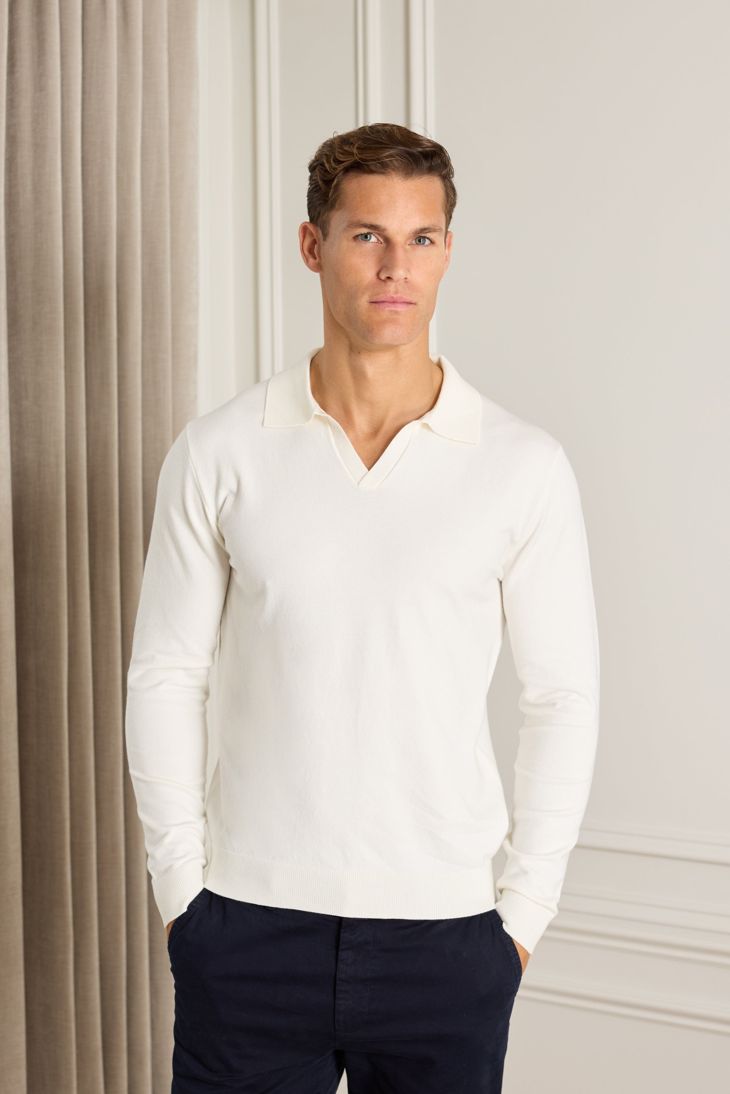 Knitted Long Sleeve Open Collar Polo - Ecru