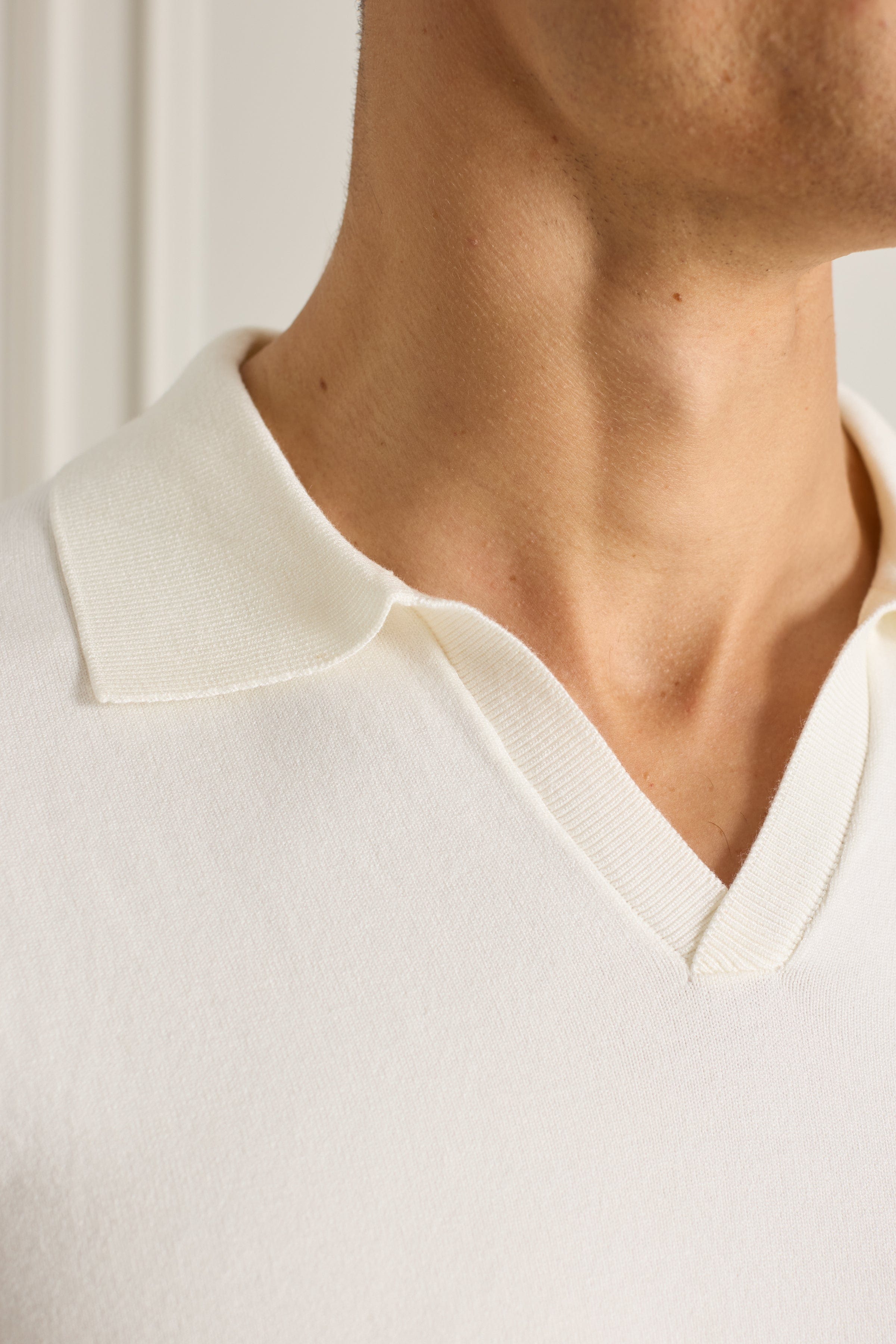 Knitted Long Sleeve Open Collar Polo - Ecru