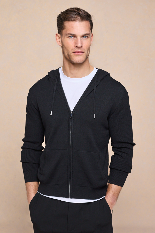 Nolan Knitted Zip Through Hoodie - Black