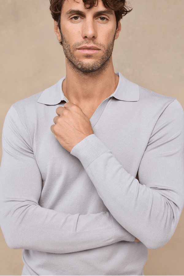 Knitted Long Sleeve Open Collar Polo - Light Grey
