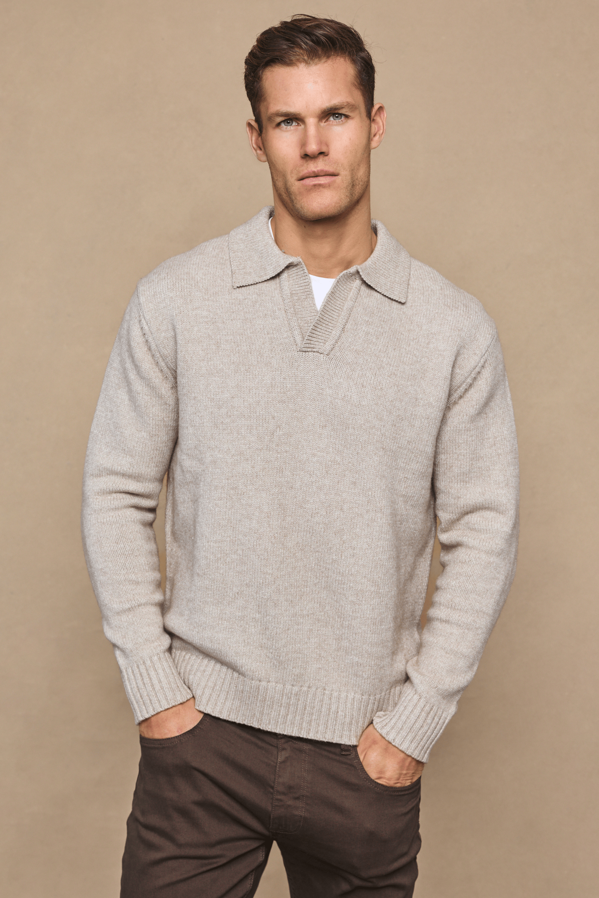 Dylan Chunky Knit Open Collar Sweater - Oatmeal