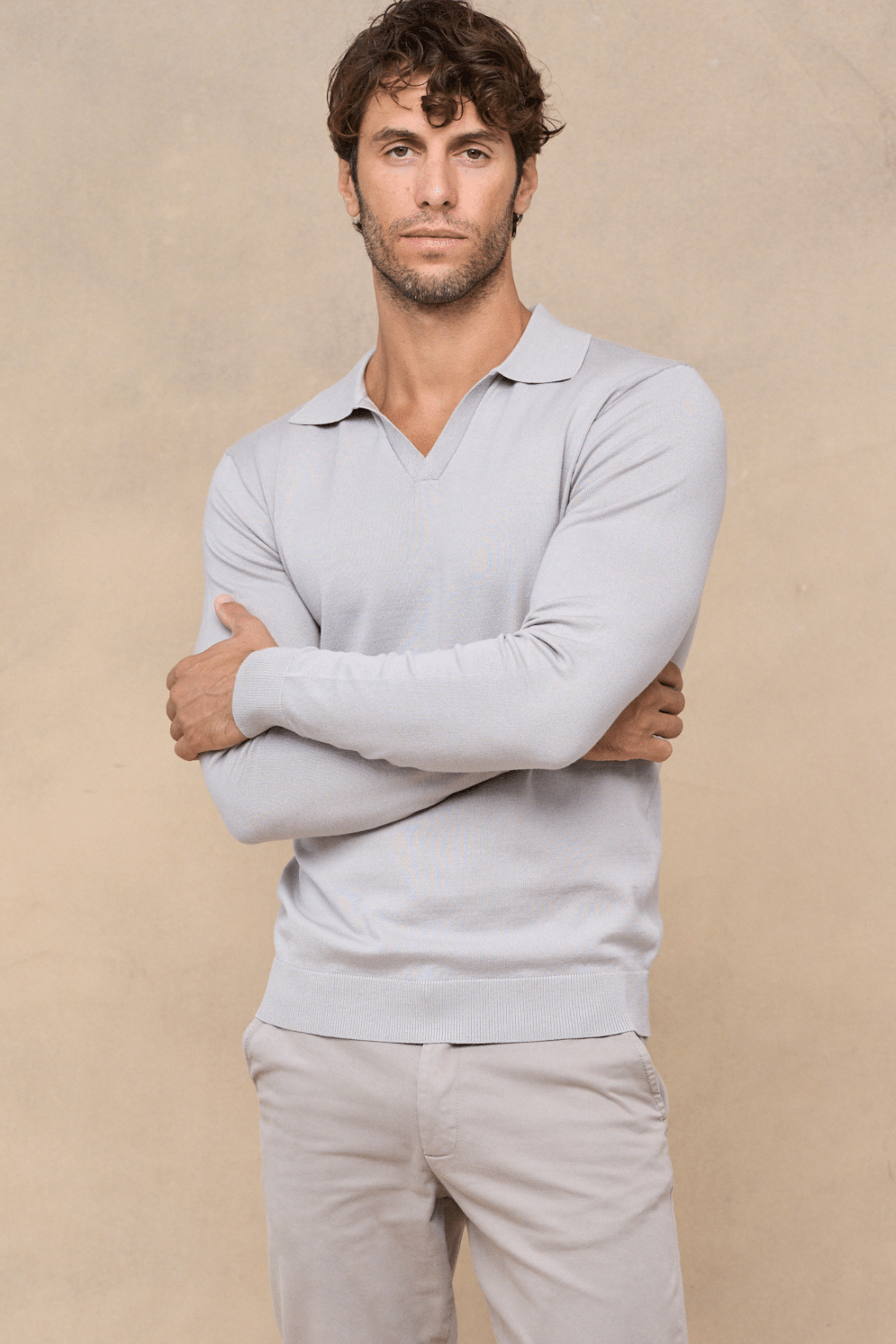 Knitted Long Sleeve Open Collar Polo - Light Grey