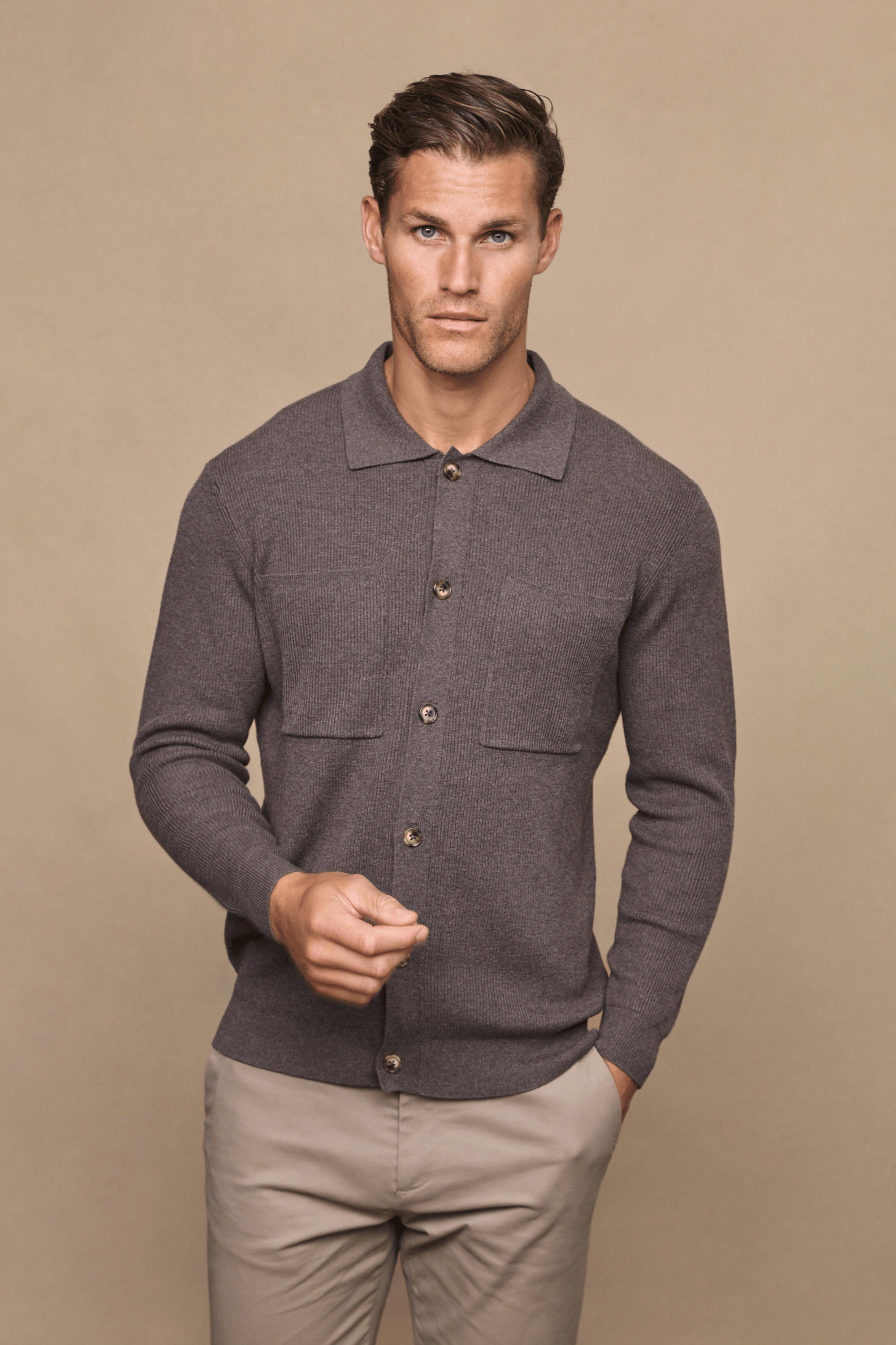 Elias Rib Top Pocket Cardigan - Light Brown Marl