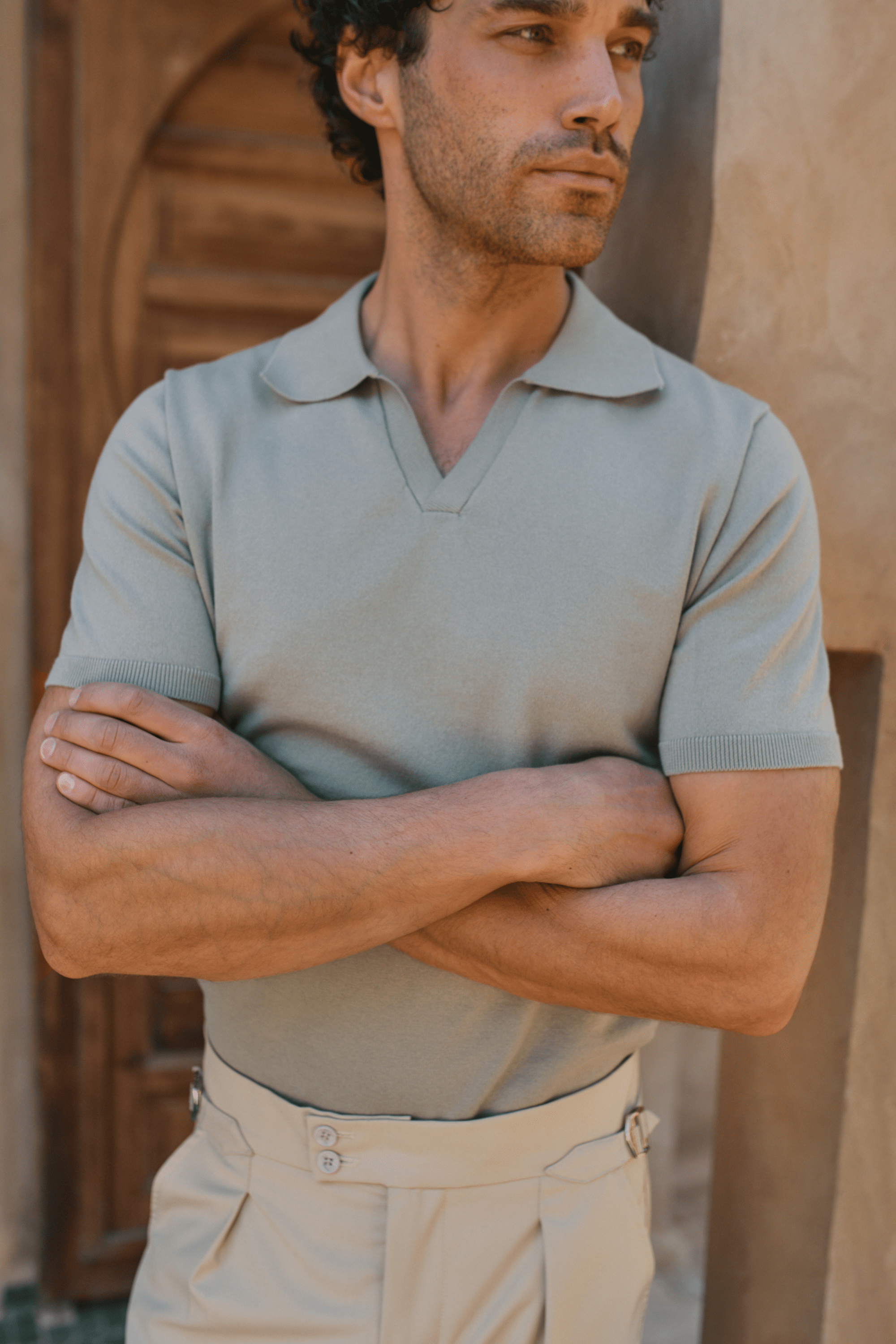 Privia Knitted Open Neck Polo - Sage Green