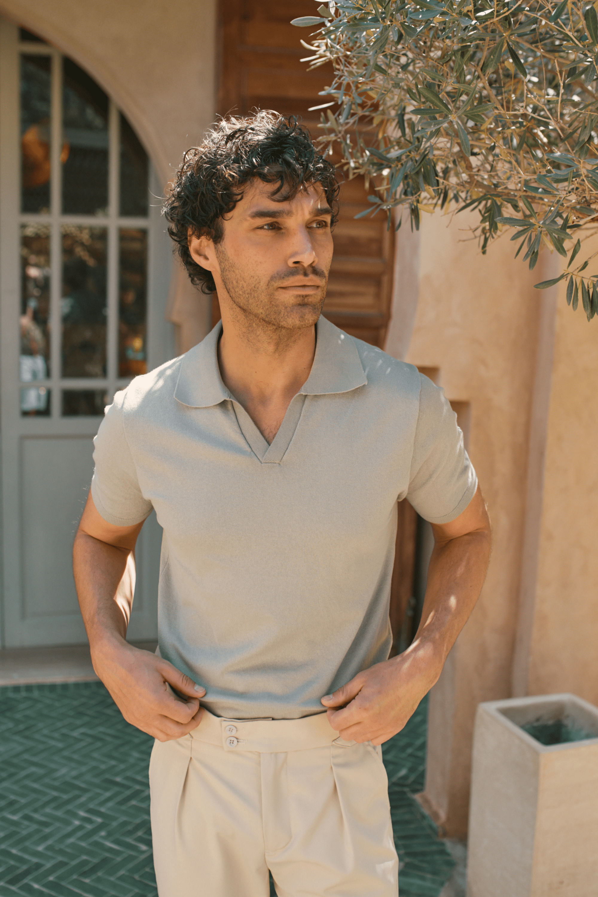 Privia Knitted Open Neck Polo - Sage Green