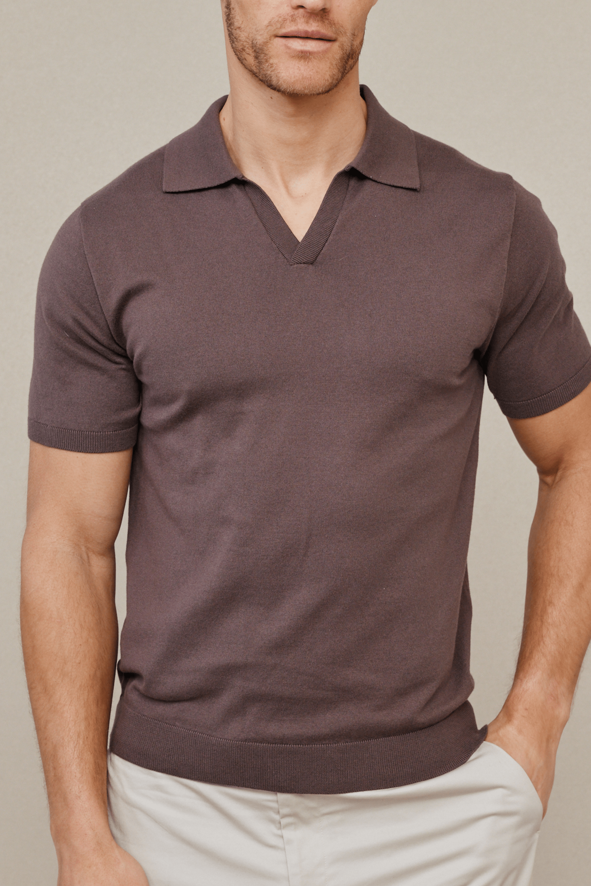 Privia Knitted Open Neck Polo - Mocha