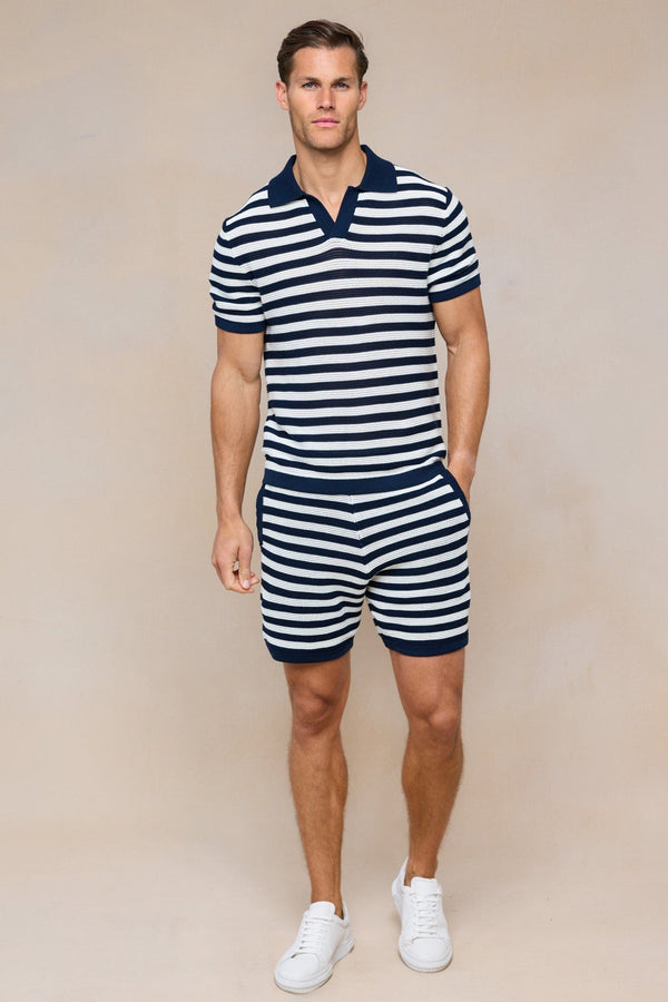 Lattolo Striped Knit Polo Shirt - Navy/Ecru