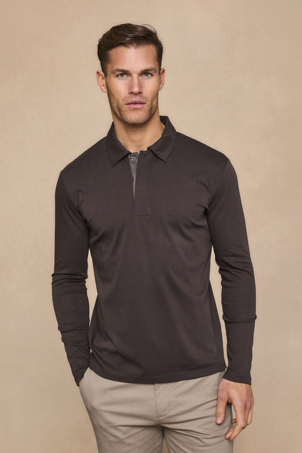 Santi Long Sleeve Mercerised Polo Shirt - Brown