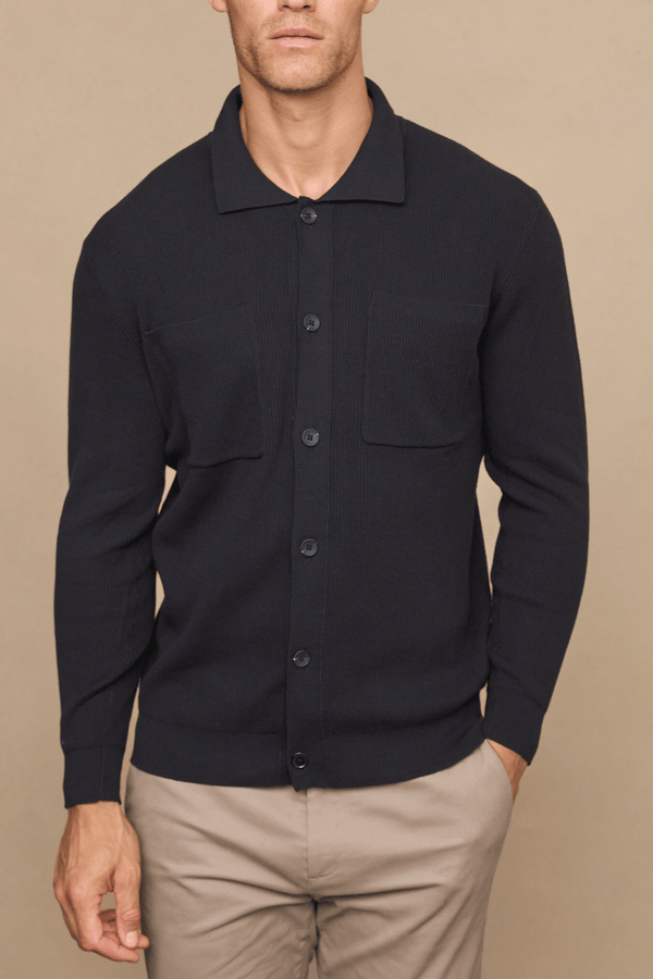 Elias Rib Top Pocket Cardigan - Black