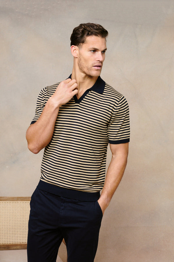 Privia Knitted Open Neck Polo - Beige/Navy