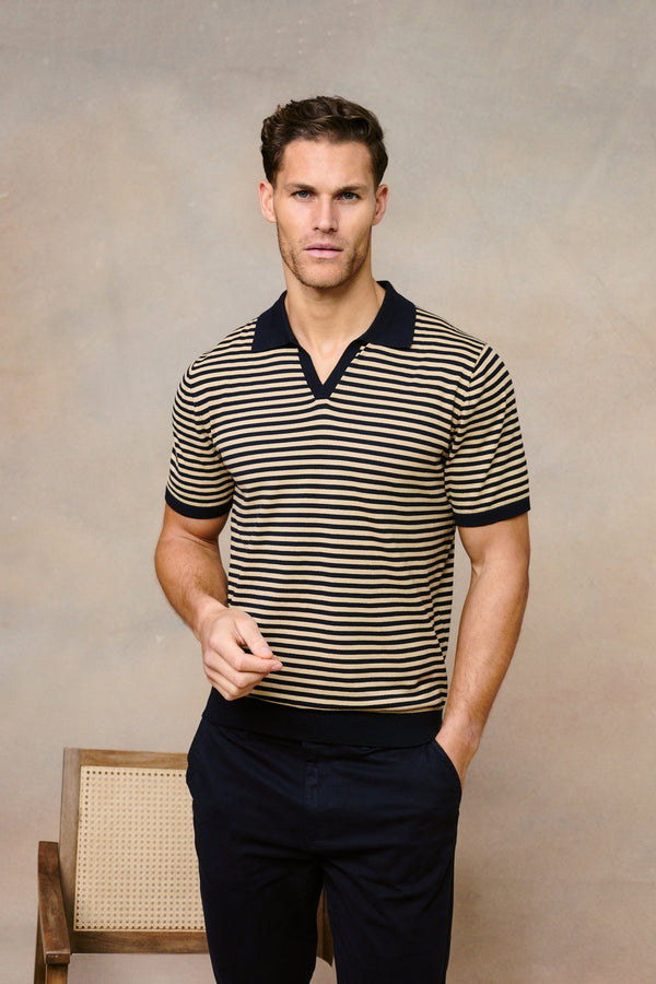 Privia Knitted Open Neck Polo - Beige/Navy