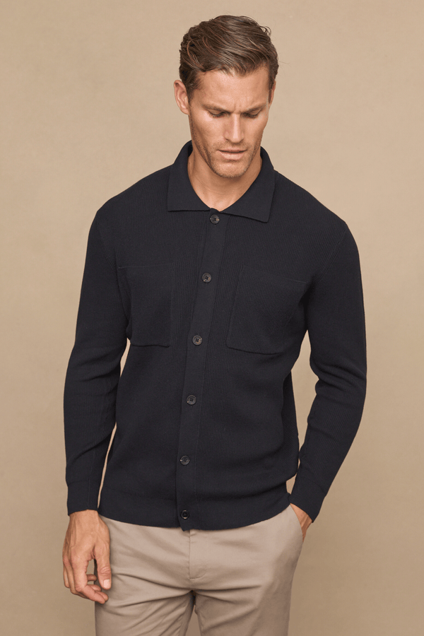 Elias Rib Top Pocket Cardigan - Black