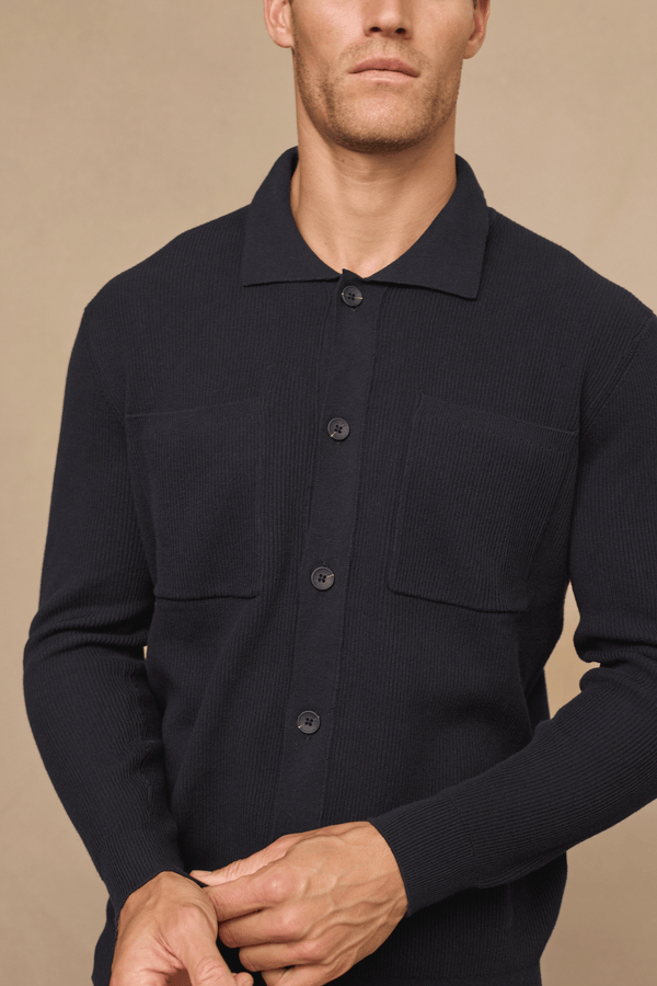 Elias Rib Top Pocket Cardigan - Black