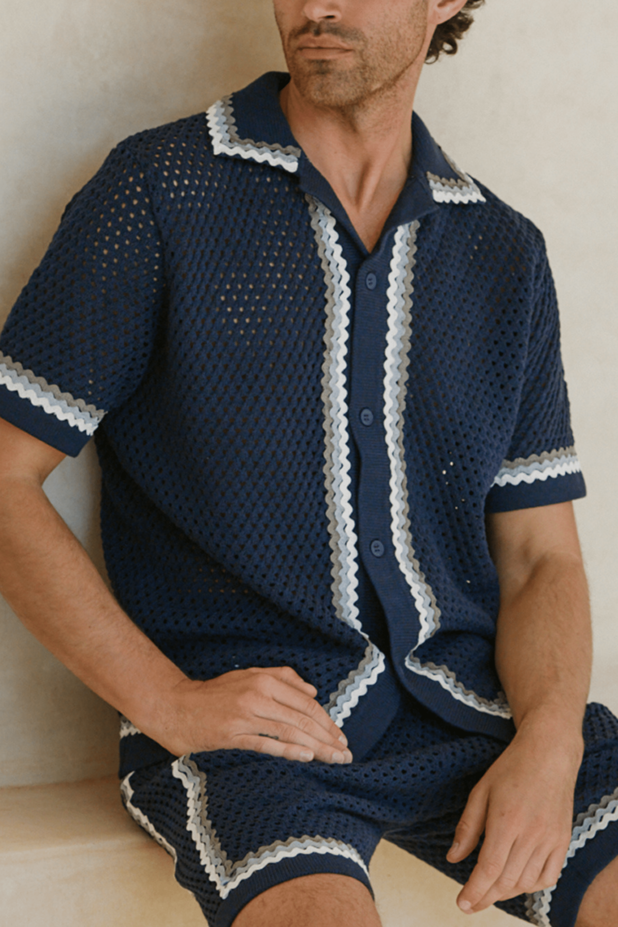 Marconi Crochet Knit Shirt - Navy