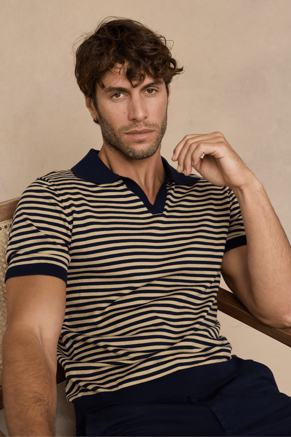 Privia Knitted Open Neck Polo - Beige/Navy