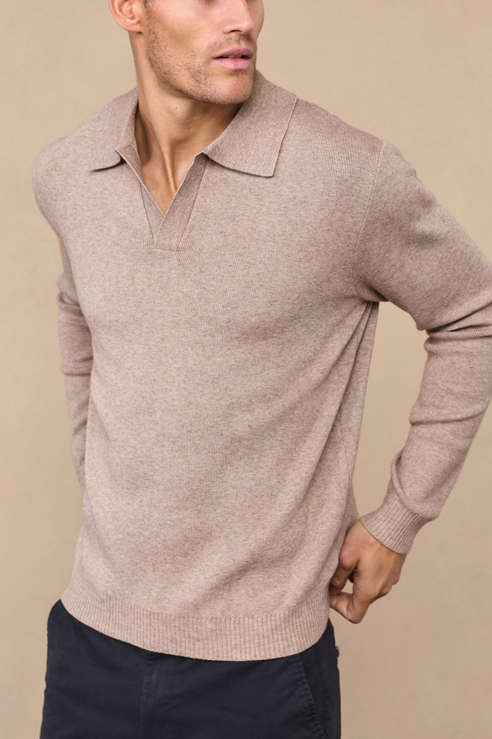 Lennon Open Collar Polo - Biscuit Beige