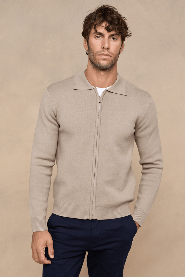 Arlo Zip Through Knitted Jacket- Sand