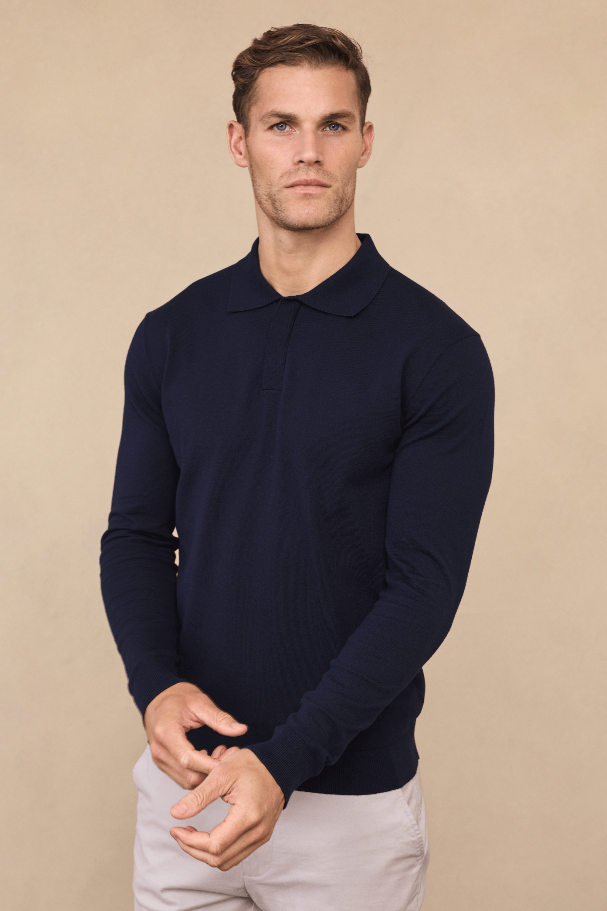 Andre Long Sleeve Button Polo - Navy