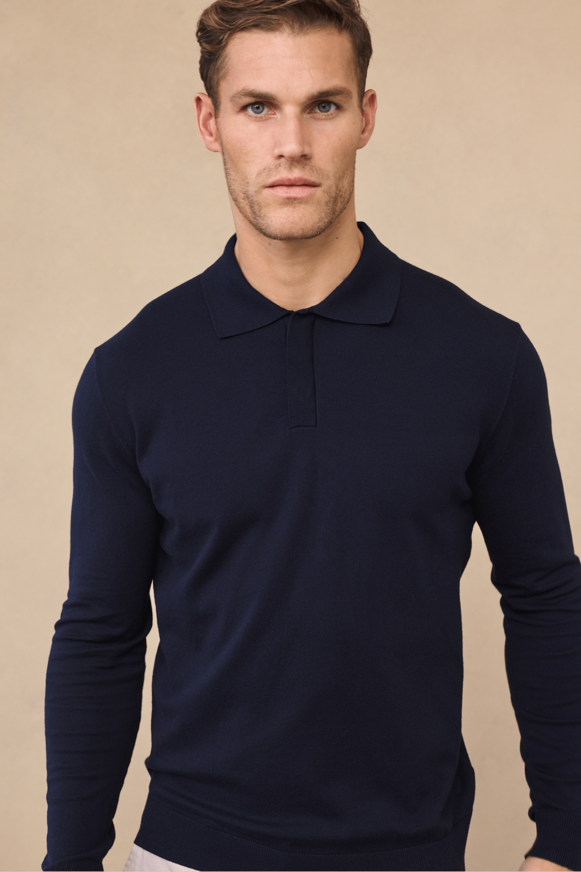 Andre Long Sleeve Button Polo - Navy
