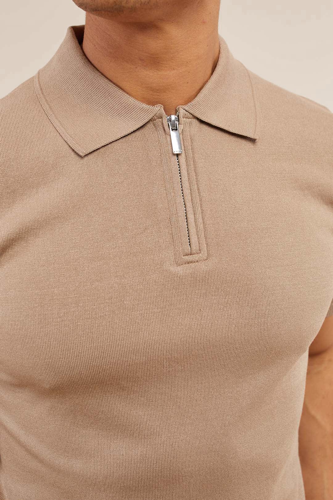 Llana Knitted Zip Polo - Taupe