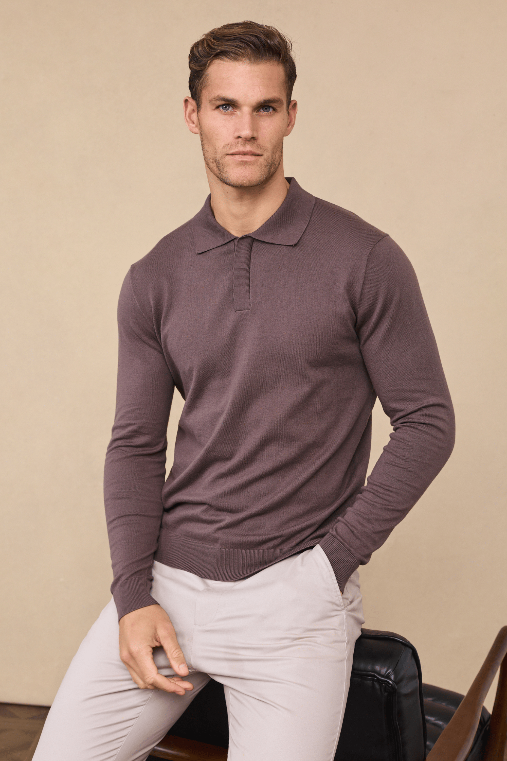Andre Long Sleeve Button Polo - Mocha