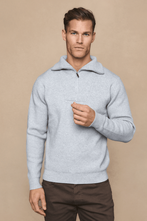 Zander Zipped Funnel Neck Knit - Light Grey Marl