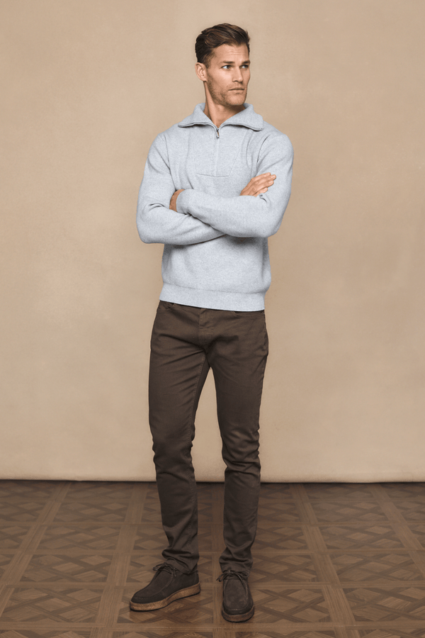 Zander Zipped Funnel Neck Knit - Light Grey Marl