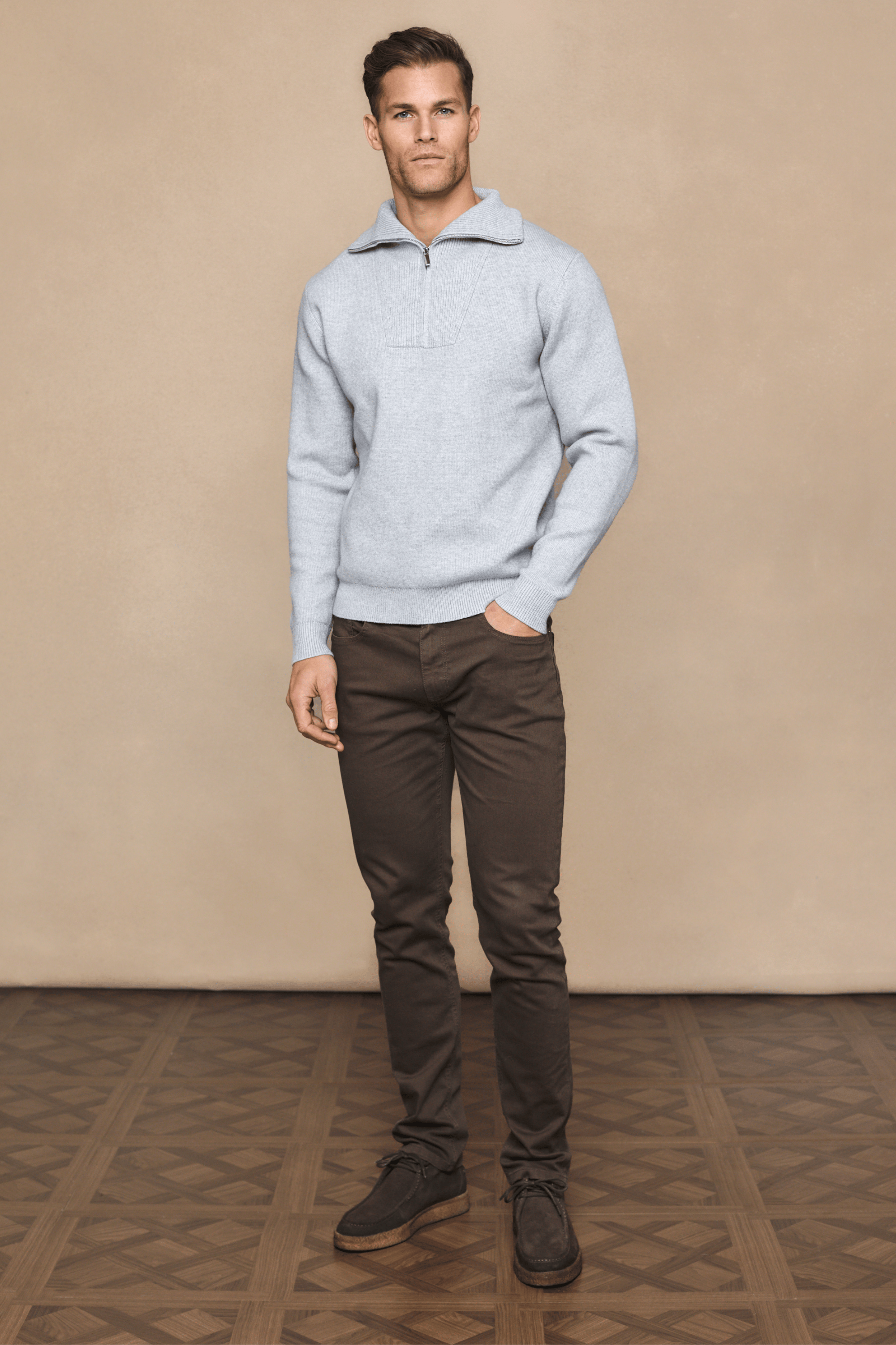 Zander Zipped Funnel Neck Knit - Light Grey Marl