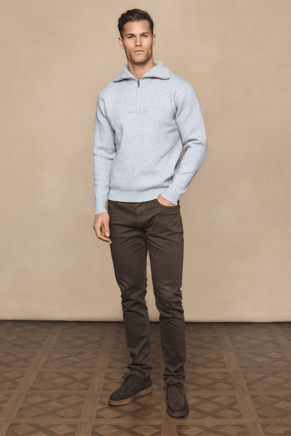 Zander Zipped Funnel Neck Knit - Light Grey Marl
