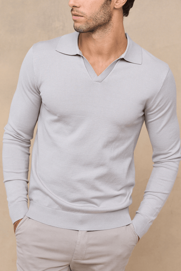 Knitted Long Sleeve Open Collar Polo - Light Grey
