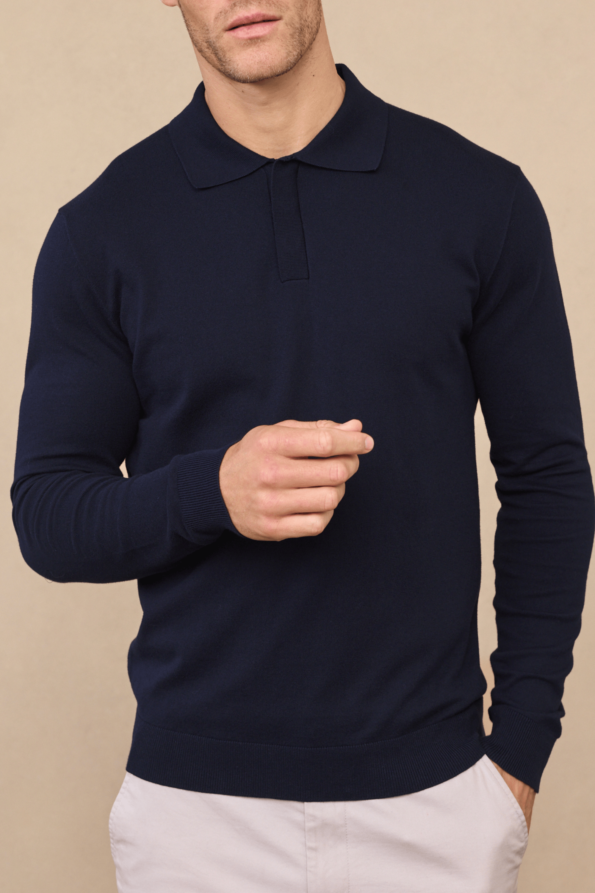 Andre Long Sleeve Button Polo - Navy