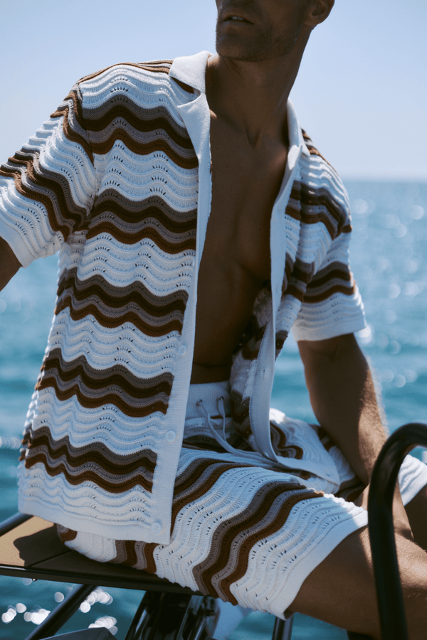 Primavera Crochet Knit Shirt - Ecru/Brown