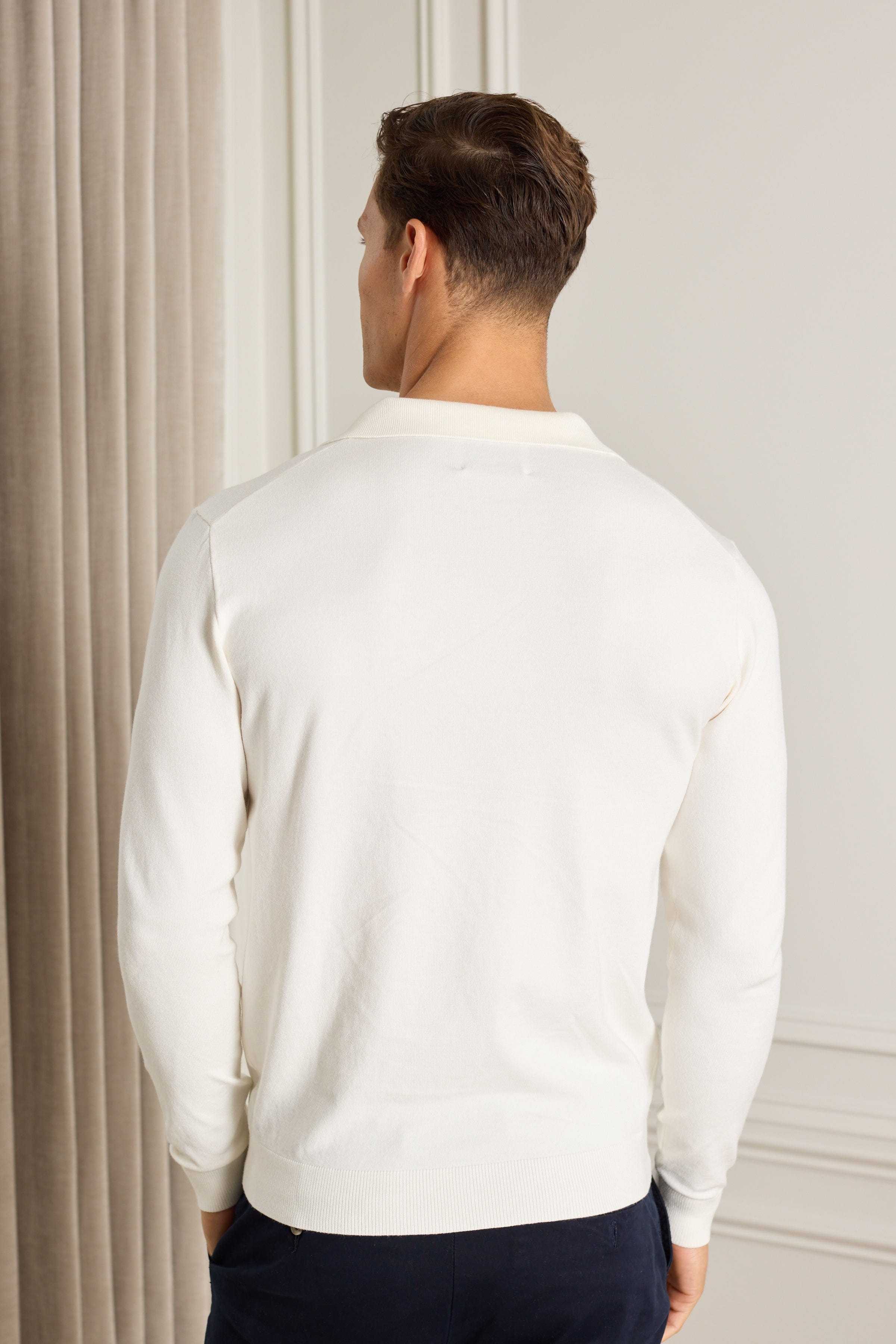 Knitted Long Sleeve Open Collar Polo - Ecru