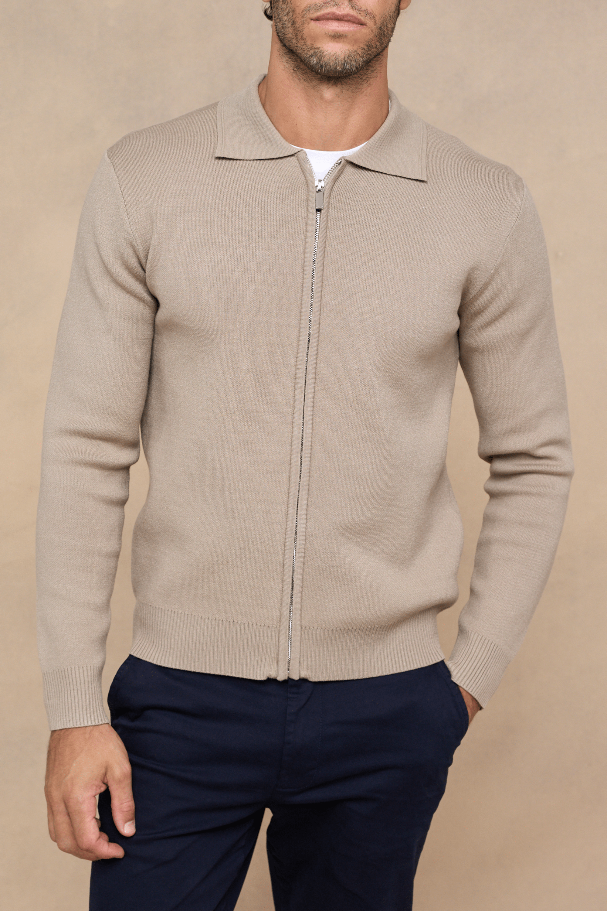 Arlo Zip Through Knitted Jacket- Sand