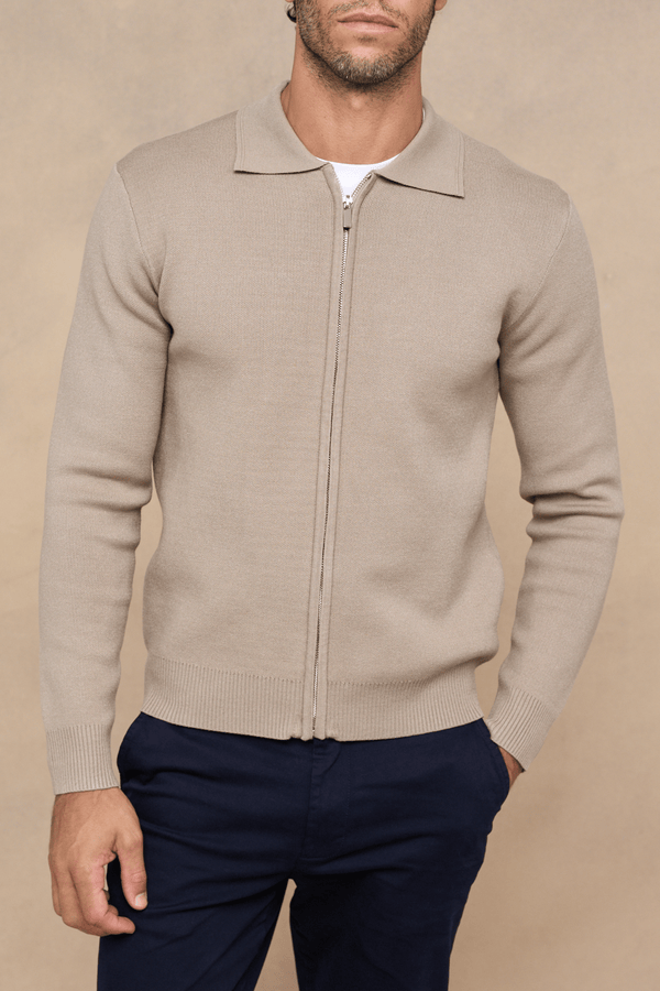 Arlo Zip Through Knitted Jacket- Sand