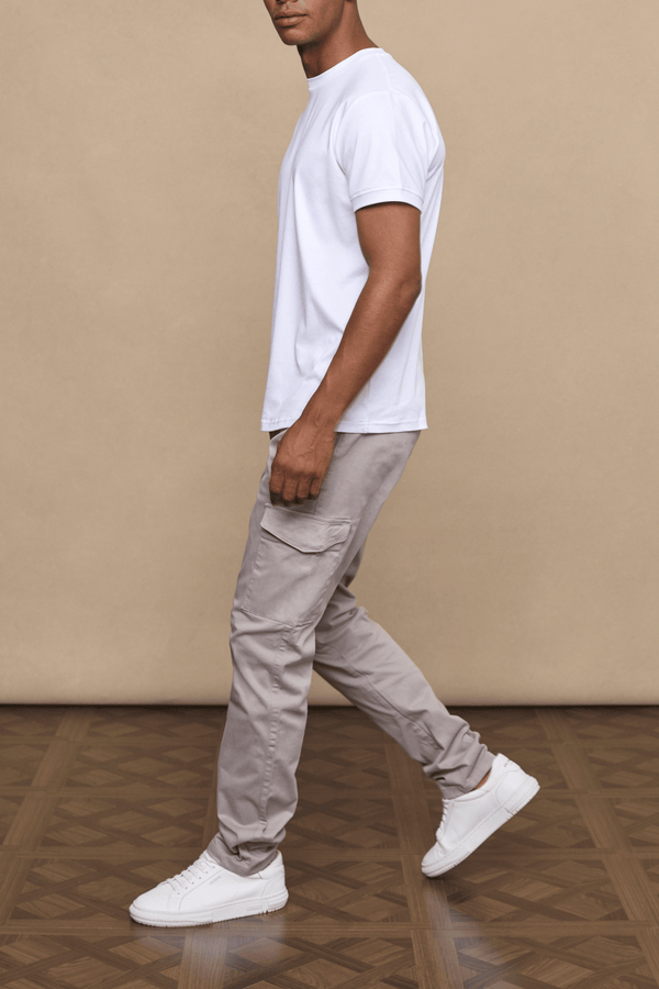 Men’s cotton stretch cargo trousers in greige with straight leg fit and utility pockets by Raith