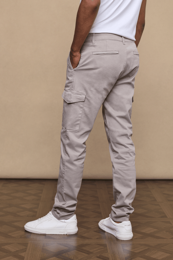 Men’s cotton stretch cargo trousers in greige with straight leg fit and utility pockets by Raith